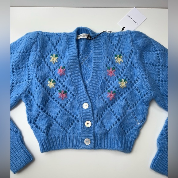 ALLESANDRA RICH Floral Wool Cropped Cardigan Light Blue Size 36 New - Picture 2 of 5